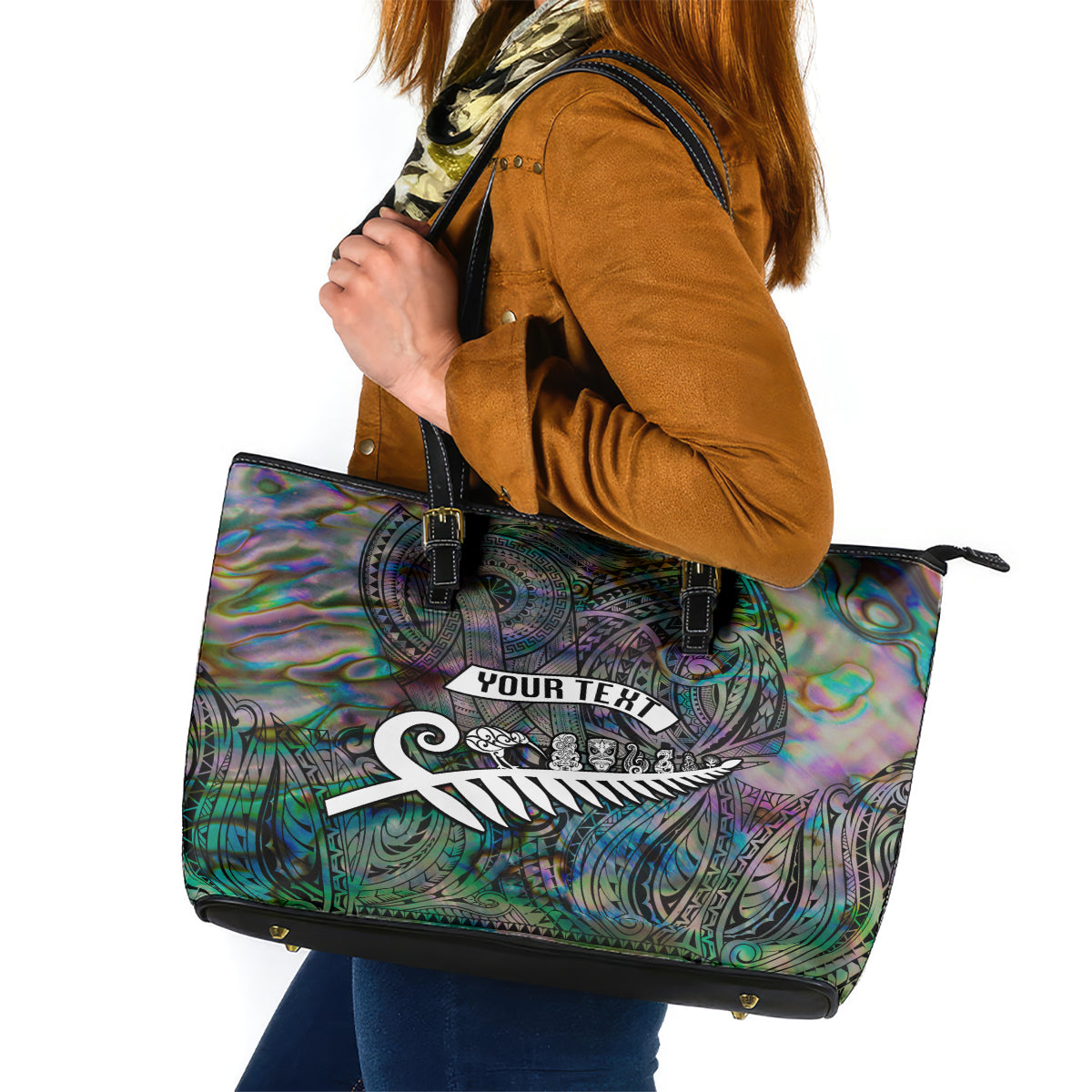 Personalized New Zealand Leather Tote Bag Aotearoa Symbols With Silver Fern LT03 Black - Polynesian Pride