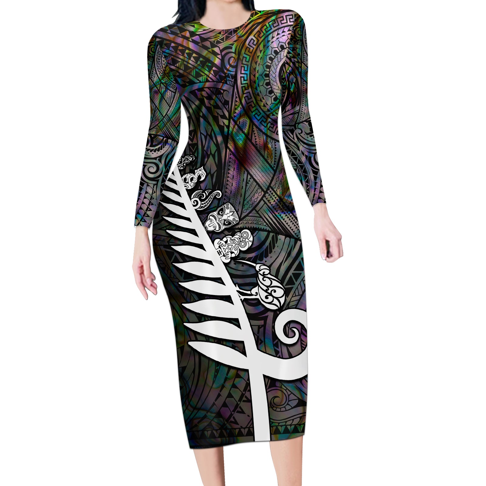 Personalized New Zealand Long Sleeve Bodycon Dress Aotearoa Symbols With Silver Fern LT03 Long Dress Black - Polynesian Pride