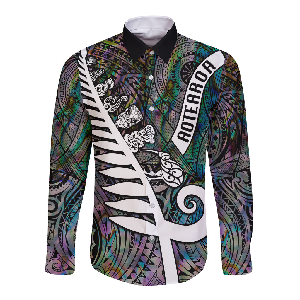 Personalized New Zealand Long Sleeve Button Shirt Aotearoa Symbols With Silver Fern LT03 Unisex Black - Polynesian Pride