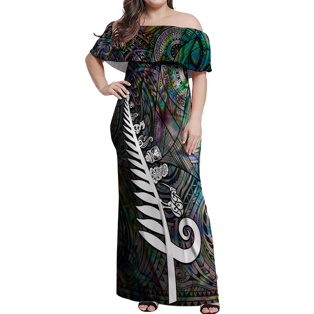 Personalized New Zealand Off Shoulder Maxi Dress Aotearoa Symbols With Silver Fern LT03 Women Black - Polynesian Pride