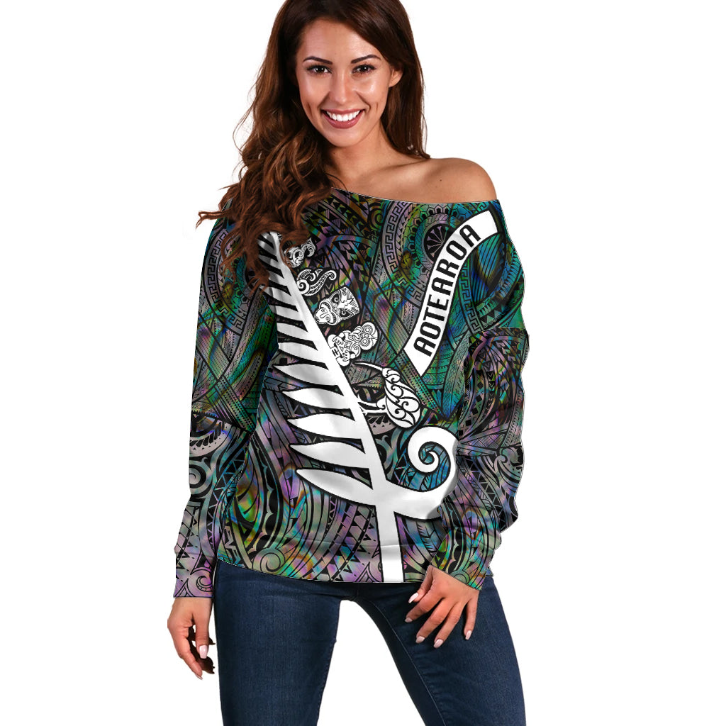 Personalized New Zealand Off Shoulder Sweater Aotearoa Symbols With Silver Fern LT03 Women Black - Polynesian Pride