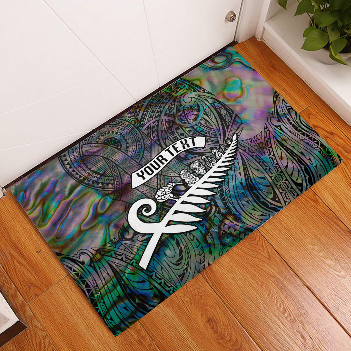 Personalized New Zealand Rubber Doormat Aotearoa Symbols With Silver Fern LT03 Black - Polynesian Pride