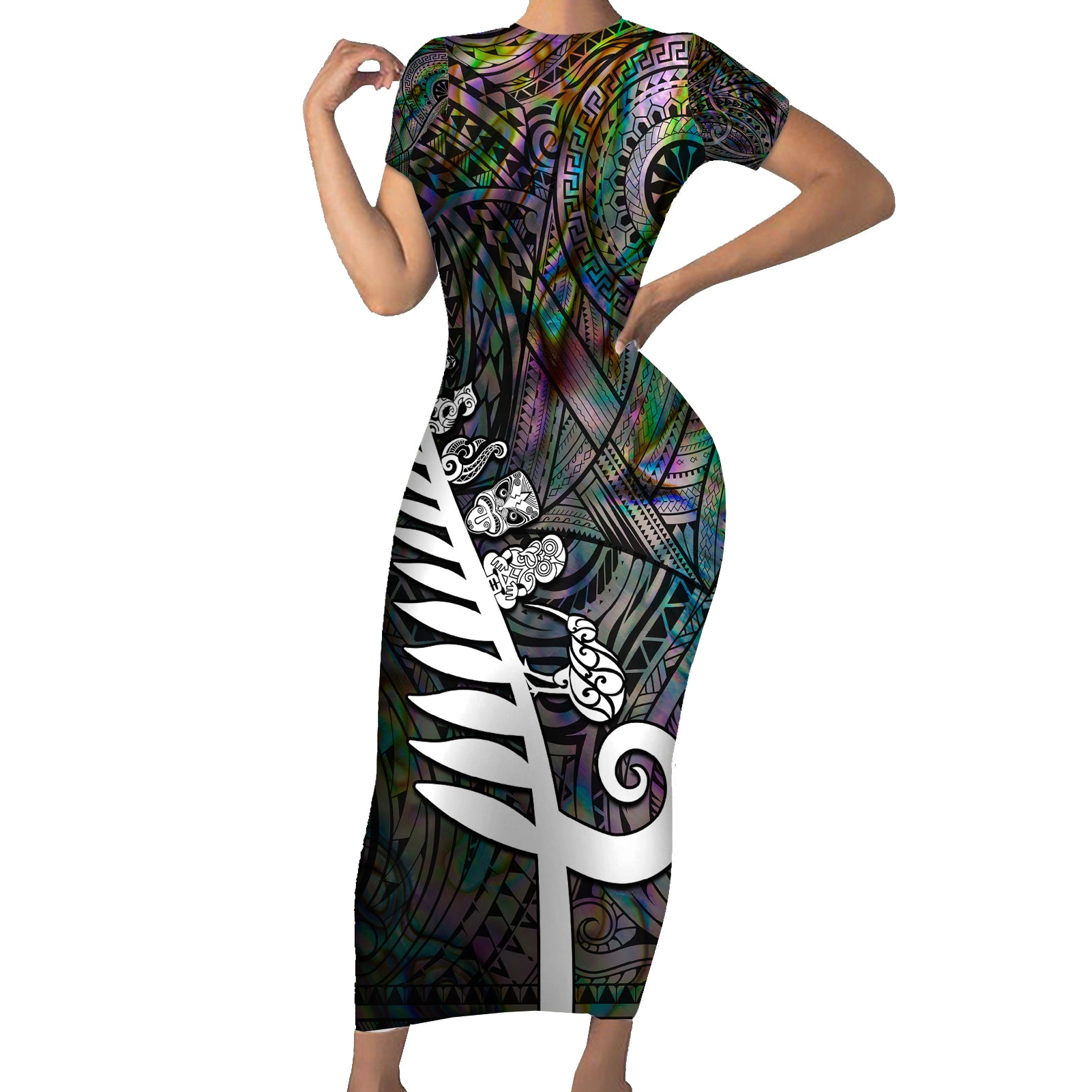 Personalized New Zealand Short Sleeve Bodycon Dress Aotearoa Symbols With Silver Fern LT03 Long Dress Black - Polynesian Pride