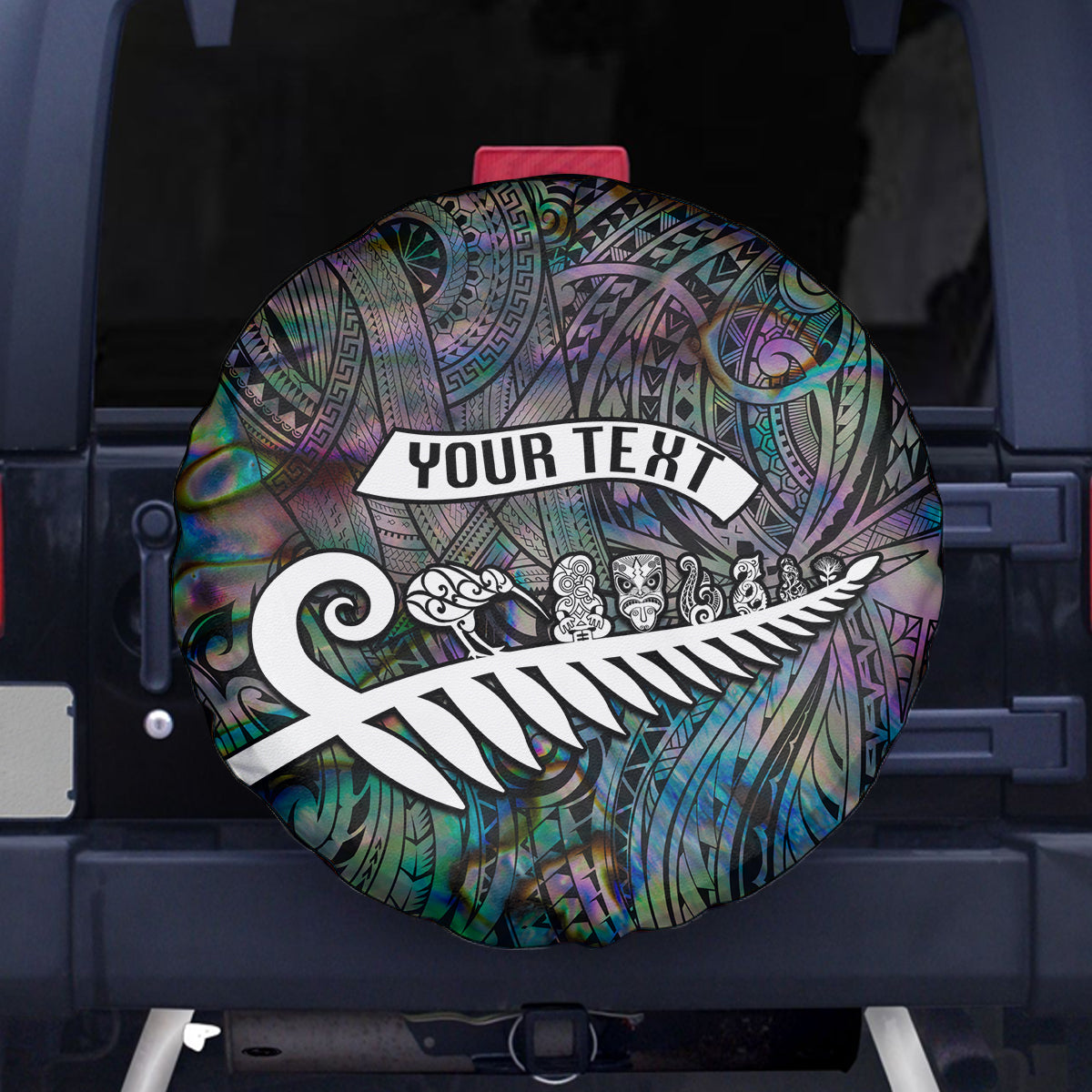 Personalized New Zealand Spare Tire Cover Aotearoa Symbols With Silver Fern LT03 Black - Polynesian Pride