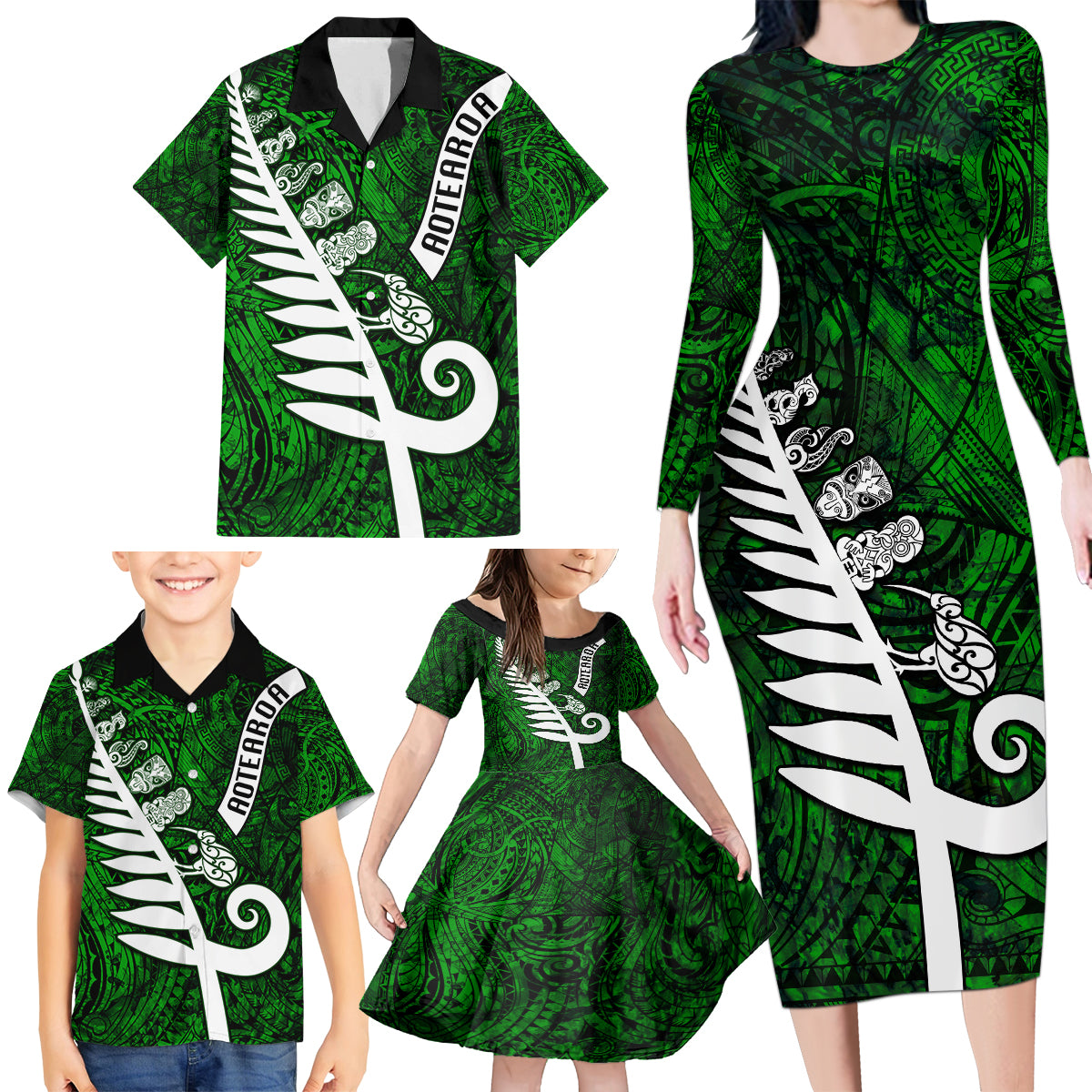 New Zealand Family Matching Long Sleeve Bodycon Dress and Hawaiian Shirt Silver Fern and Maori Symbols Papua Shell Green Style LT03 - Polynesian Pride