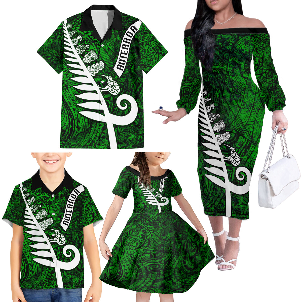 New Zealand Family Matching Off Shoulder Long Sleeve Dress and Hawaiian Shirt Silver Fern and Maori Symbols Papua Shell Green Style LT03 - Polynesian Pride