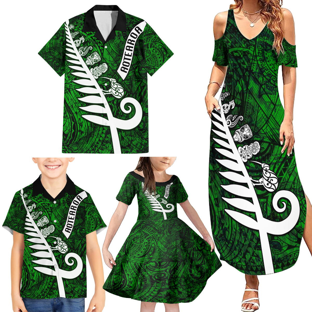 New Zealand Family Matching Summer Maxi Dress and Hawaiian Shirt Silver Fern and Maori Symbols Papua Shell Green Style LT03 - Polynesian Pride