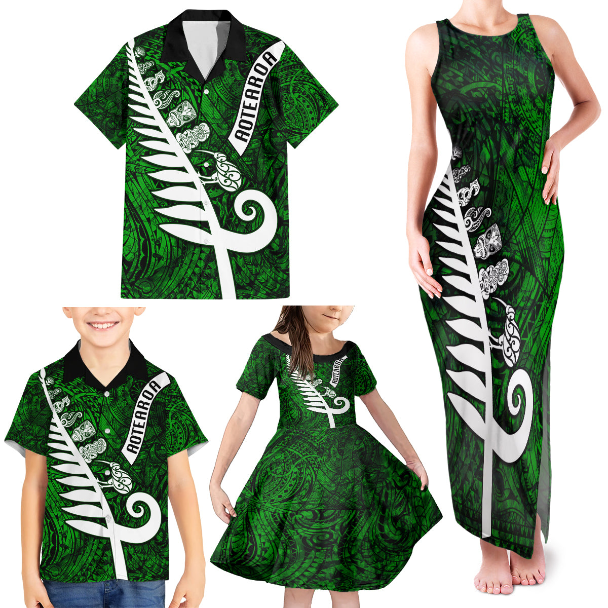 New Zealand Family Matching Tank Maxi Dress and Hawaiian Shirt Silver Fern and Maori Symbols Papua Shell Green Style LT03 - Polynesian Pride