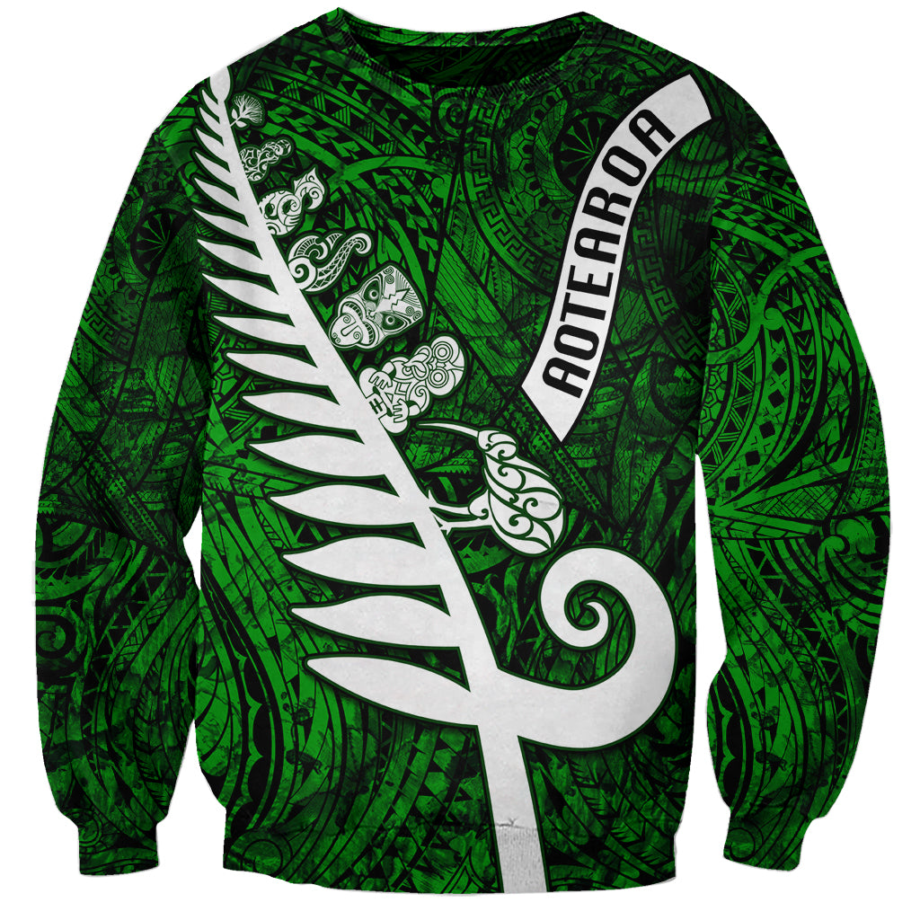 New Zealand Sweatshirt Silver Fern and Maori Symbols Papua Shell Green Style LT03 Unisex Green - Polynesian Pride