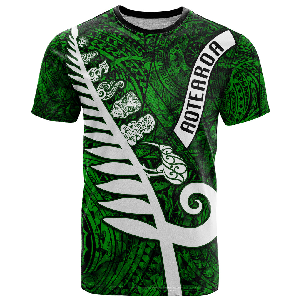 New Zealand T Shirt Silver Fern and Maori Symbols Papua Shell Green Style LT03 Green - Polynesian Pride