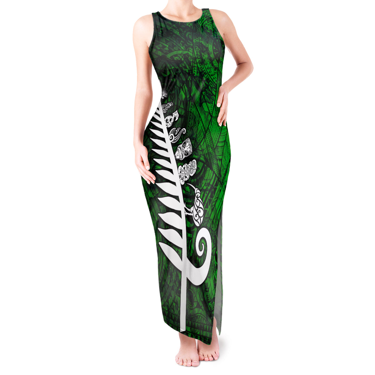 New Zealand Tank Maxi Dress Silver Fern and Maori Symbols Papua Shell Green Style LT03 Women Green - Polynesian Pride