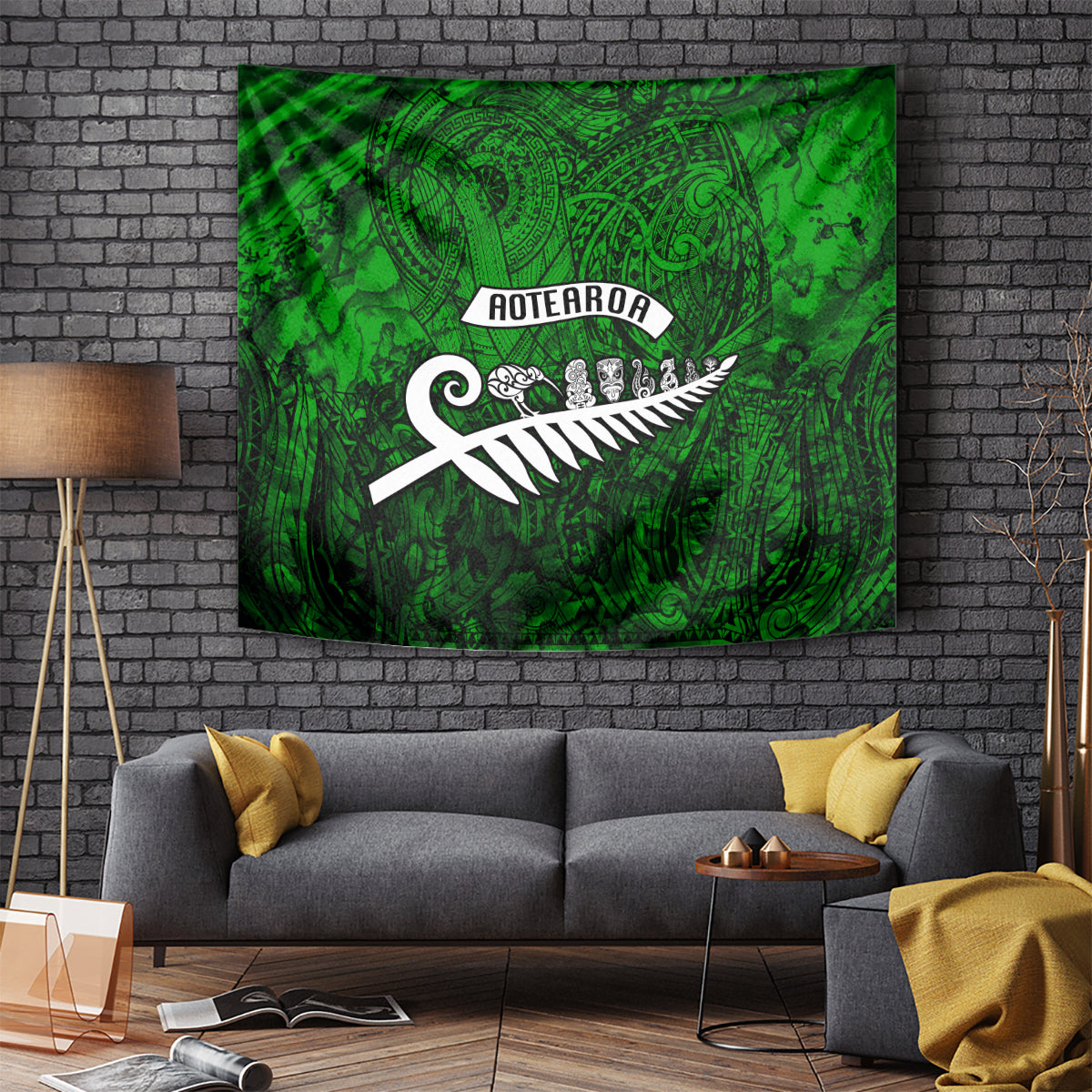 New Zealand Tapestry Silver Fern and Maori Symbols Papua Shell Green Style LT03 Green - Polynesian Pride