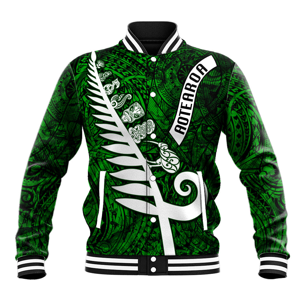 Personalized New Zealand Baseball Jacket Silver Fern and Maori Symbols Papua Shell Green Style LT03 Unisex Green - Polynesian Pride