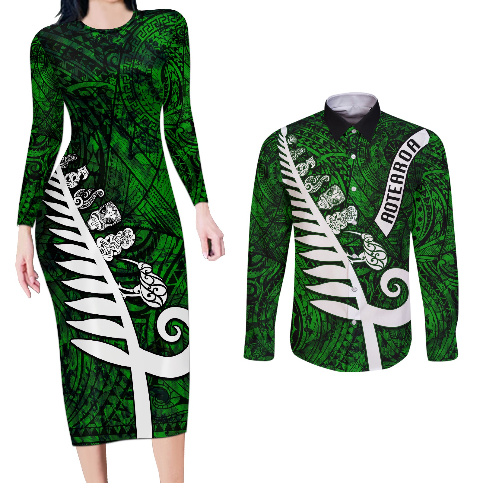 Personalized New Zealand Couples Matching Long Sleeve Bodycon Dress and Long Sleeve Button Shirt Silver Fern and Maori Symbols Papua Shell Green Style LT03 Green - Polynesian Pride