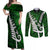 Personalized New Zealand Couples Matching Off Shoulder Maxi Dress and Long Sleeve Button Shirt Silver Fern and Maori Symbols Papua Shell Green Style LT03 Green - Polynesian Pride