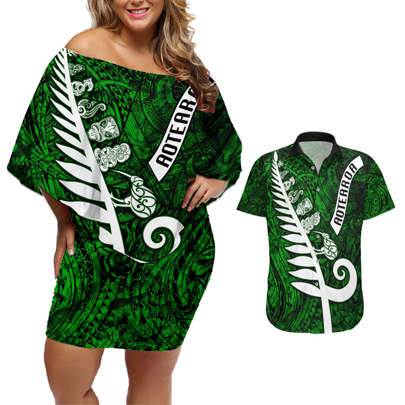 Personalized New Zealand Couples Matching Off Shoulder Short Dress and Hawaiian Shirt Silver Fern and Maori Symbols Papua Shell Green Style LT03 Green - Polynesian Pride