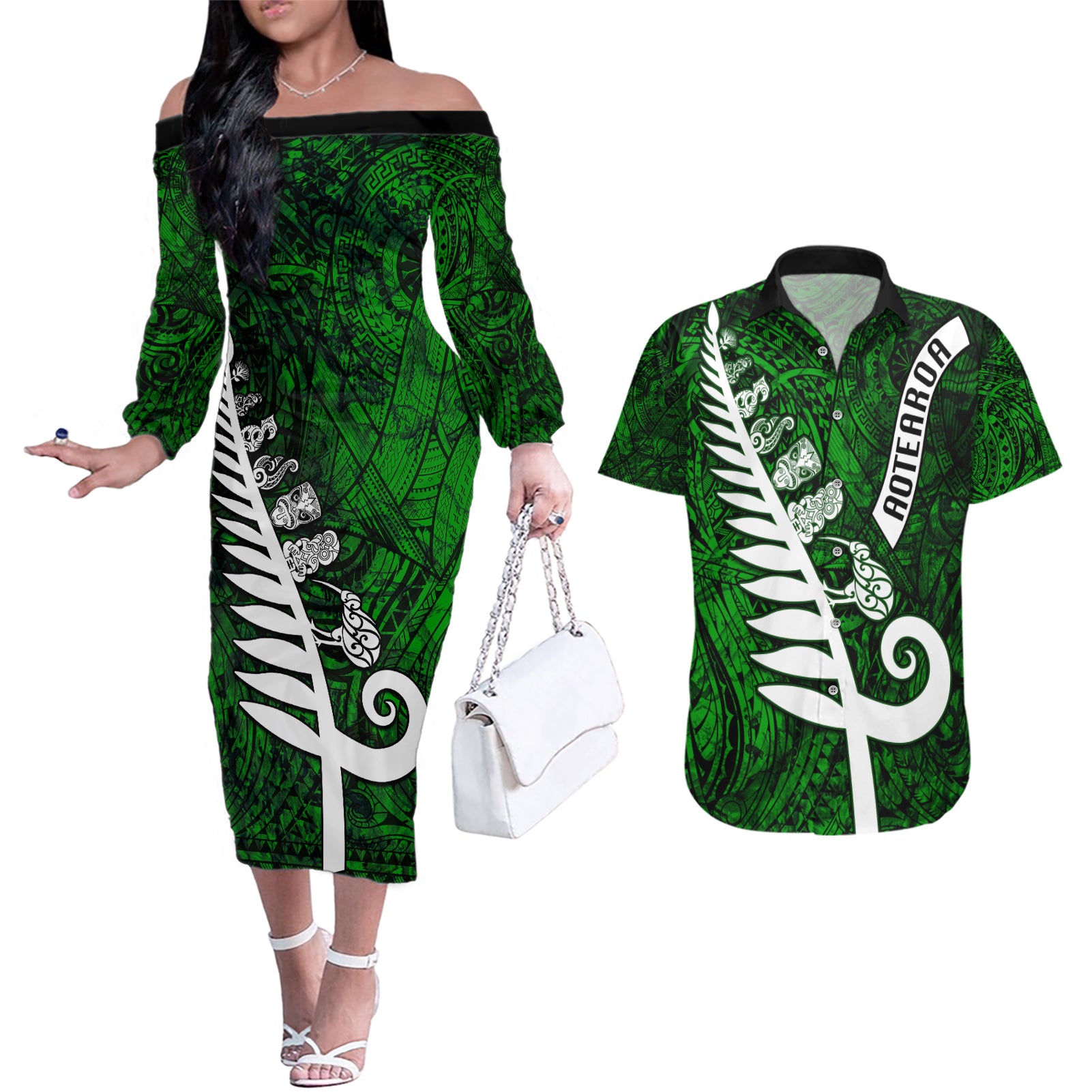 Personalized New Zealand Couples Matching Off The Shoulder Long Sleeve Dress and Hawaiian Shirt Silver Fern and Maori Symbols Papua Shell Green Style LT03 Green - Polynesian Pride