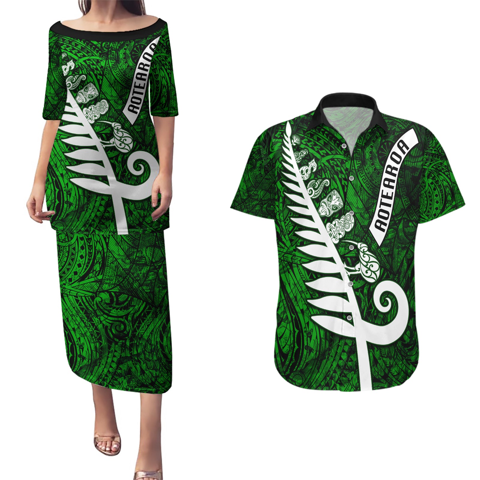 Personalized New Zealand Couples Matching Puletasi Dress and Hawaiian Shirt Silver Fern and Maori Symbols Papua Shell Green Style LT03 Green - Polynesian Pride