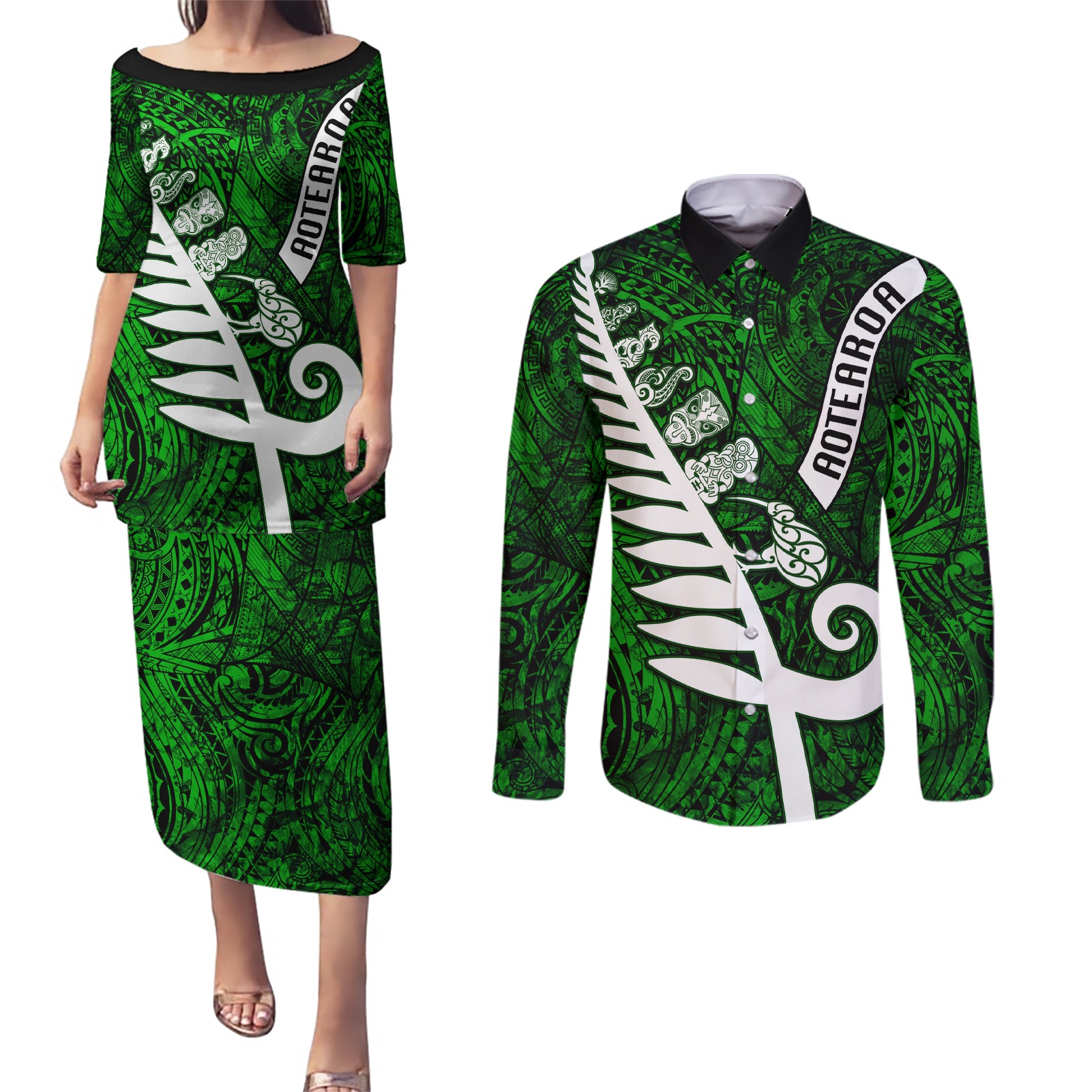 Personalized New Zealand Couples Matching Puletasi Dress and Long Sleeve Button Shirt Silver Fern and Maori Symbols Papua Shell Green Style LT03 Green - Polynesian Pride