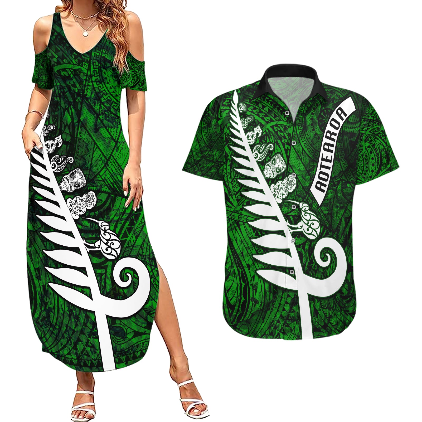 Personalized New Zealand Couples Matching Summer Maxi Dress and Hawaiian Shirt Silver Fern and Maori Symbols Papua Shell Green Style LT03 Green - Polynesian Pride