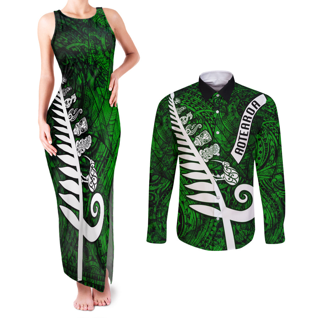 Personalized New Zealand Couples Matching Tank Maxi Dress and Long Sleeve Button Shirt Silver Fern and Maori Symbols Papua Shell Green Style LT03 Green - Polynesian Pride