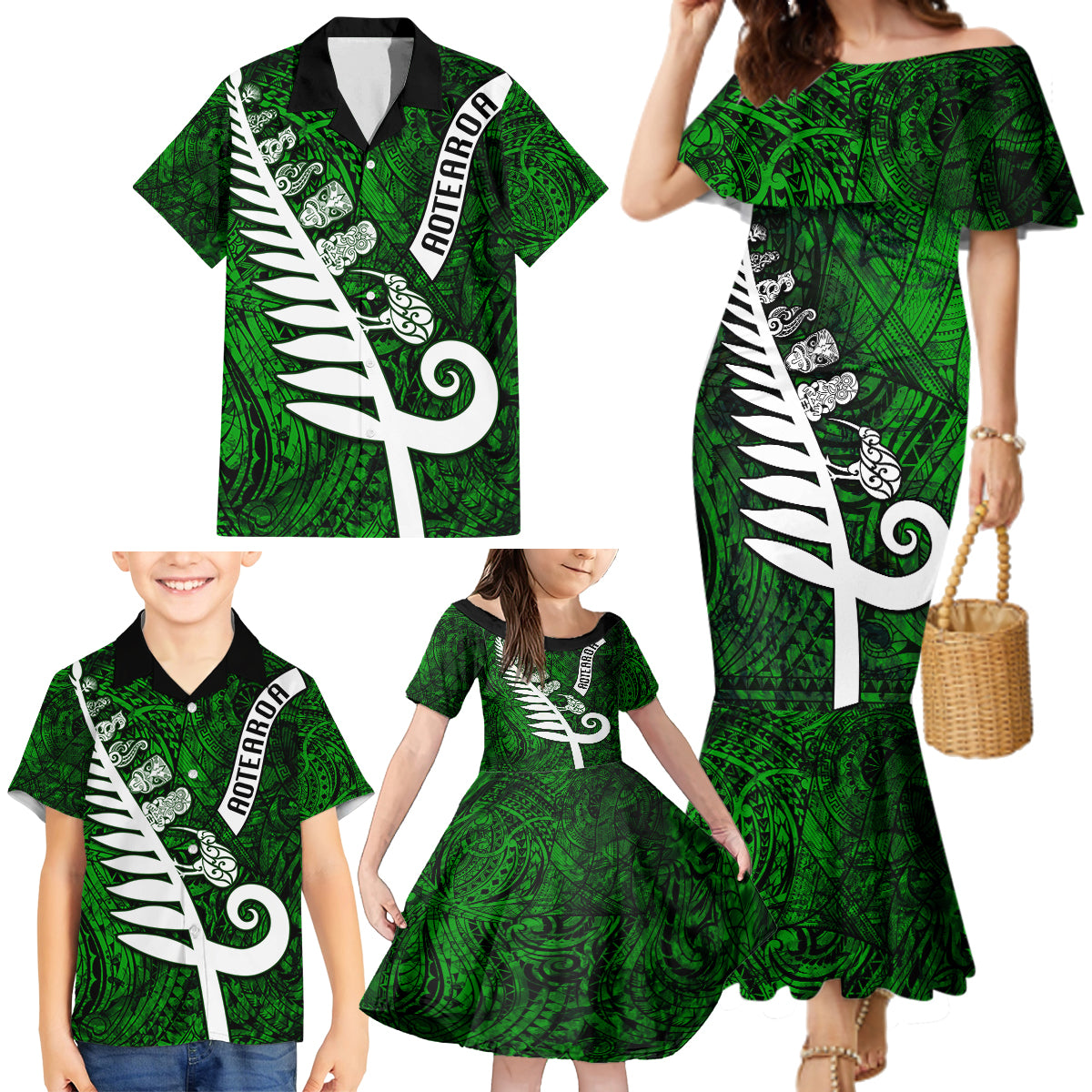 Personalized New Zealand Family Matching Mermaid Dress and Hawaiian Shirt Silver Fern and Maori Symbols Papua Shell Green Style LT03 - Polynesian Pride