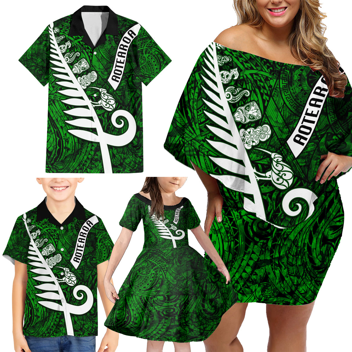 Personalized New Zealand Family Matching Off Shoulder Short Dress and Hawaiian Shirt Silver Fern and Maori Symbols Papua Shell Green Style LT03 - Polynesian Pride