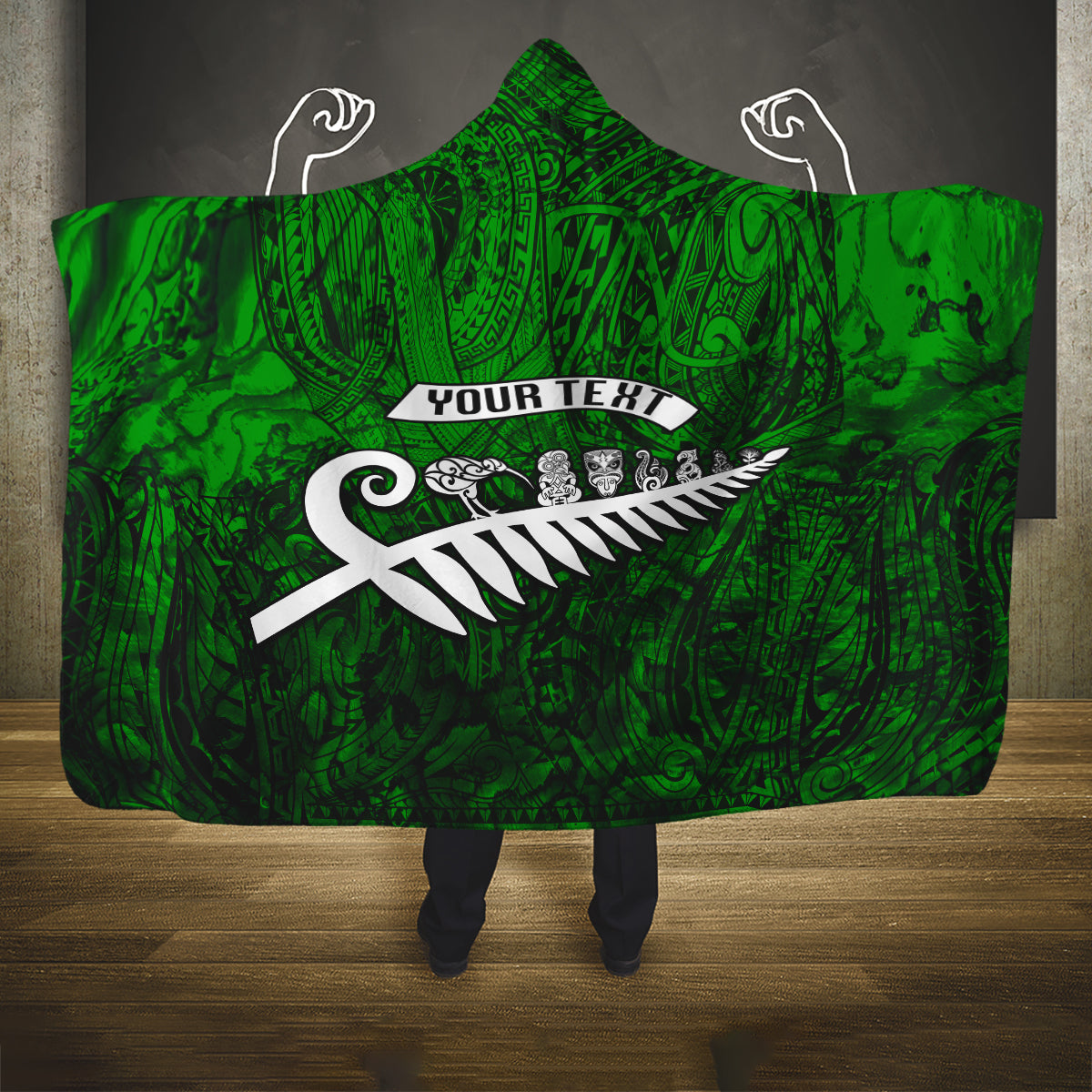 Personalized New Zealand Hooded Blanket Silver Fern and Maori Symbols Papua Shell Green Style LT03 One Size Green - Polynesian Pride