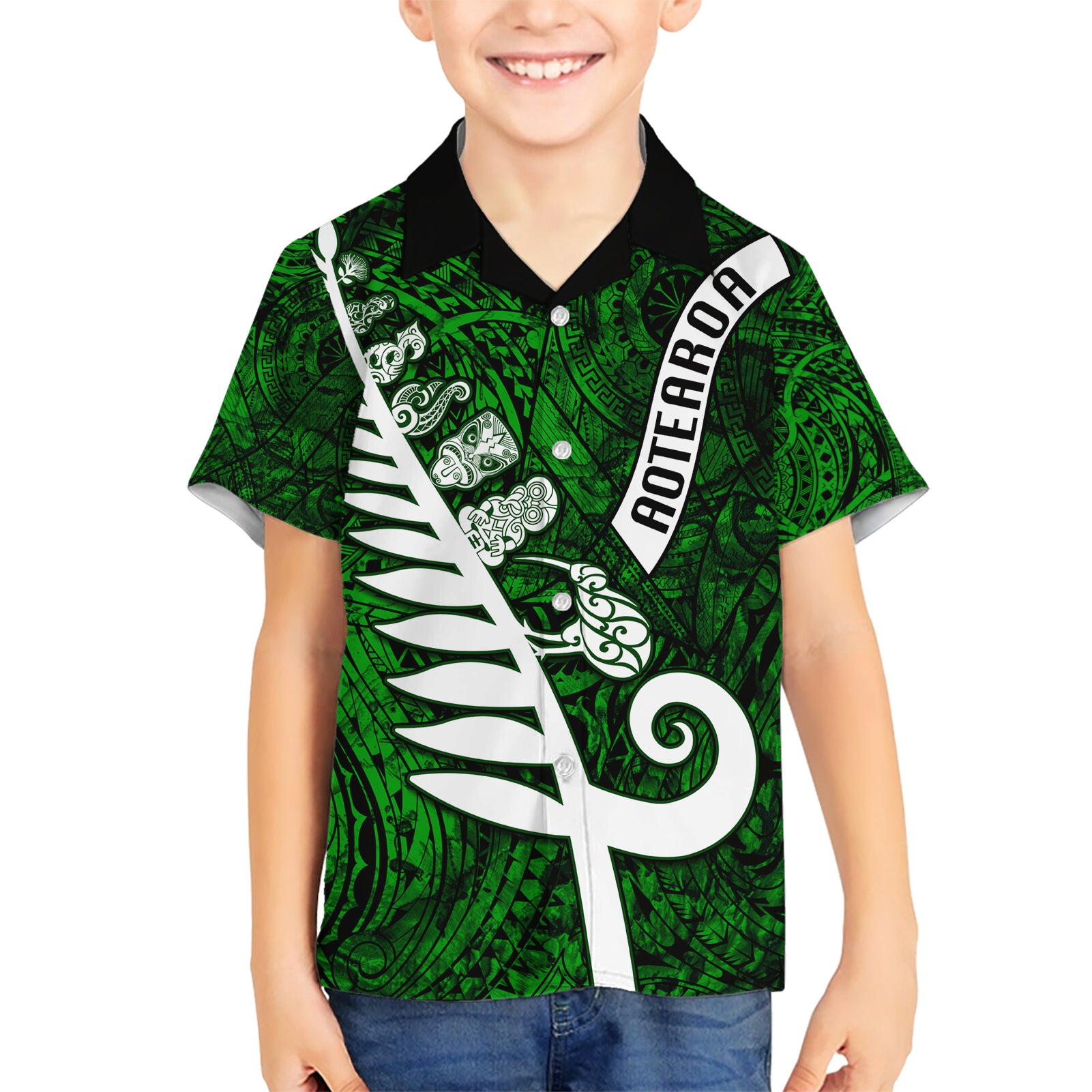 Personalized New Zealand Kid Hawaiian Shirt Silver Fern and Maori Symbols Papua Shell Green Style LT03 Kid Green - Polynesian Pride