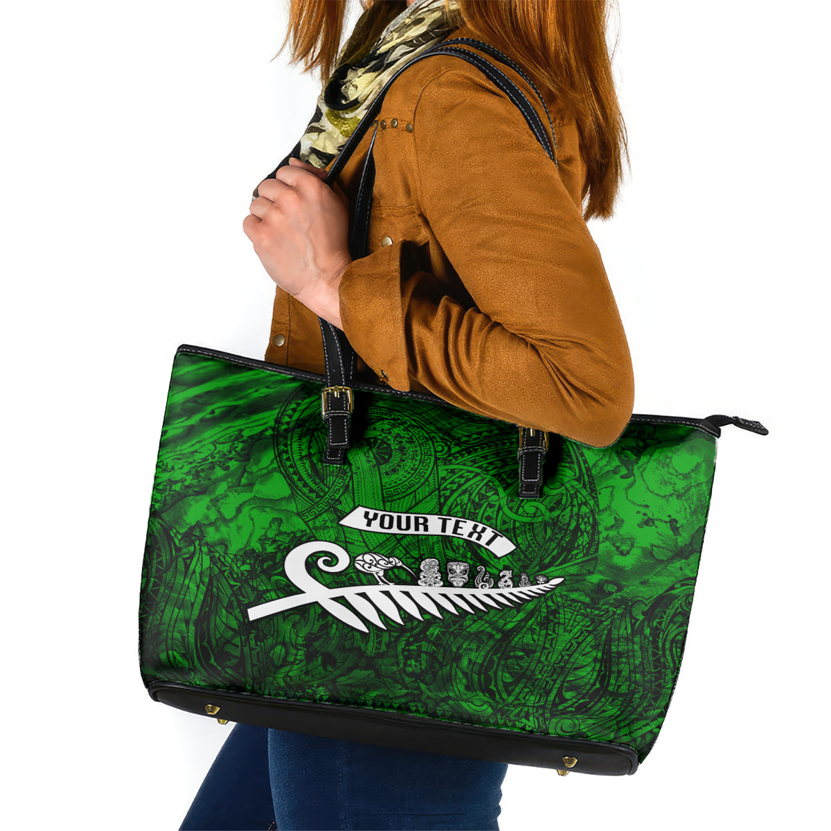 Personalized New Zealand Leather Tote Bag Silver Fern and Maori Symbols Papua Shell Green Style LT03 Green - Polynesian Pride