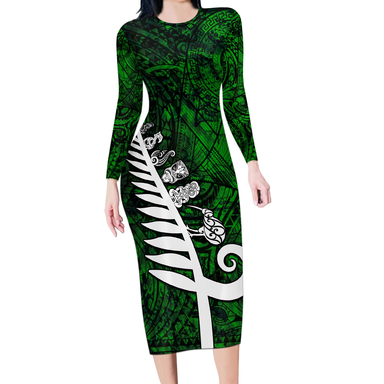 Personalized New Zealand Long Sleeve Bodycon Dress Silver Fern and Maori Symbols Papua Shell Green Style LT03 Long Dress Green - Polynesian Pride