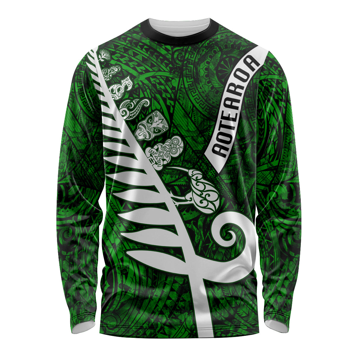 Personalized New Zealand Long Sleeve Shirt Silver Fern and Maori Symbols Papua Shell Green Style LT03 Unisex Green - Polynesian Pride