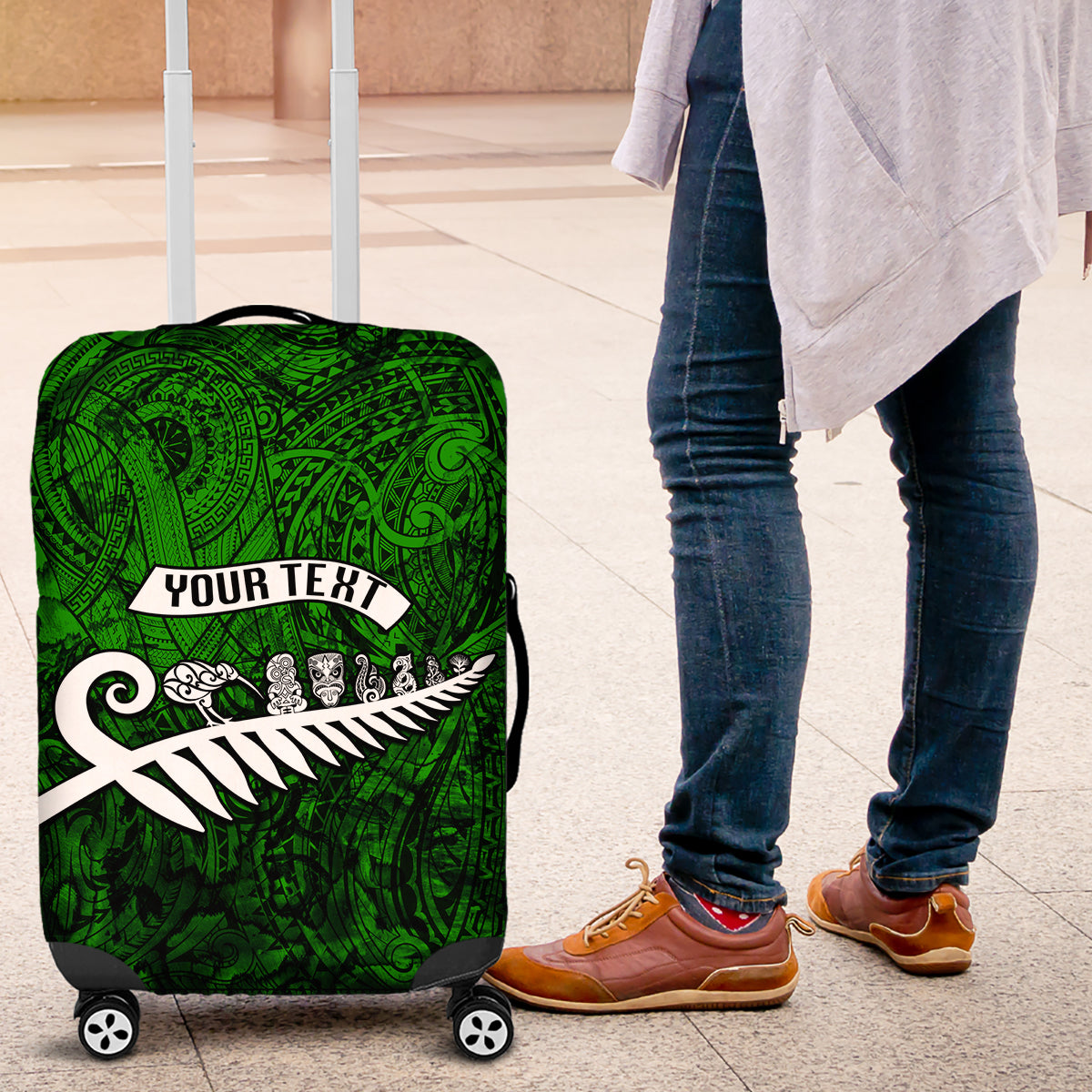 Personalized New Zealand Luggage Cover Silver Fern and Maori Symbols Papua Shell Green Style LT03 Green - Polynesian Pride