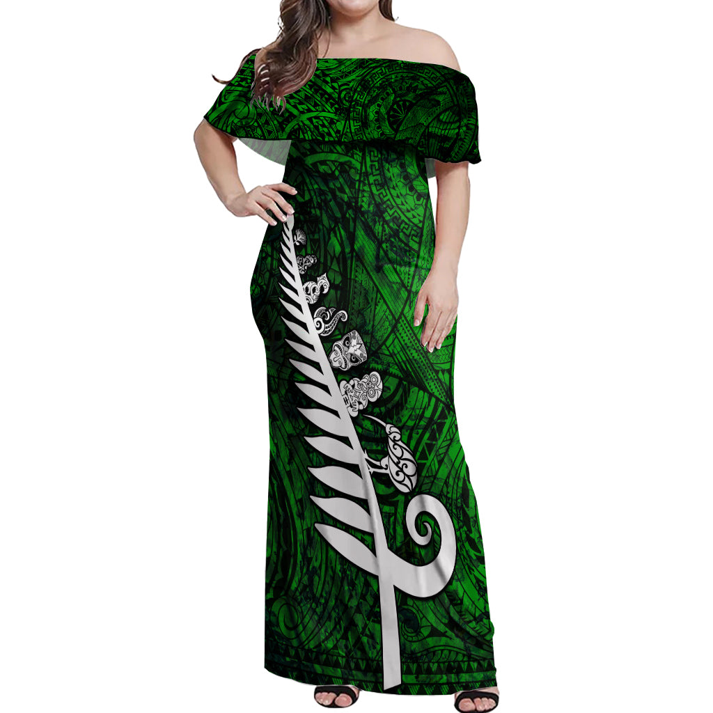 Personalized New Zealand Off Shoulder Maxi Dress Silver Fern and Maori Symbols Papua Shell Green Style LT03 Women Green - Polynesian Pride