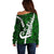 Personalized New Zealand Off Shoulder Sweater Silver Fern and Maori Symbols Papua Shell Green Style LT03 - Polynesian Pride