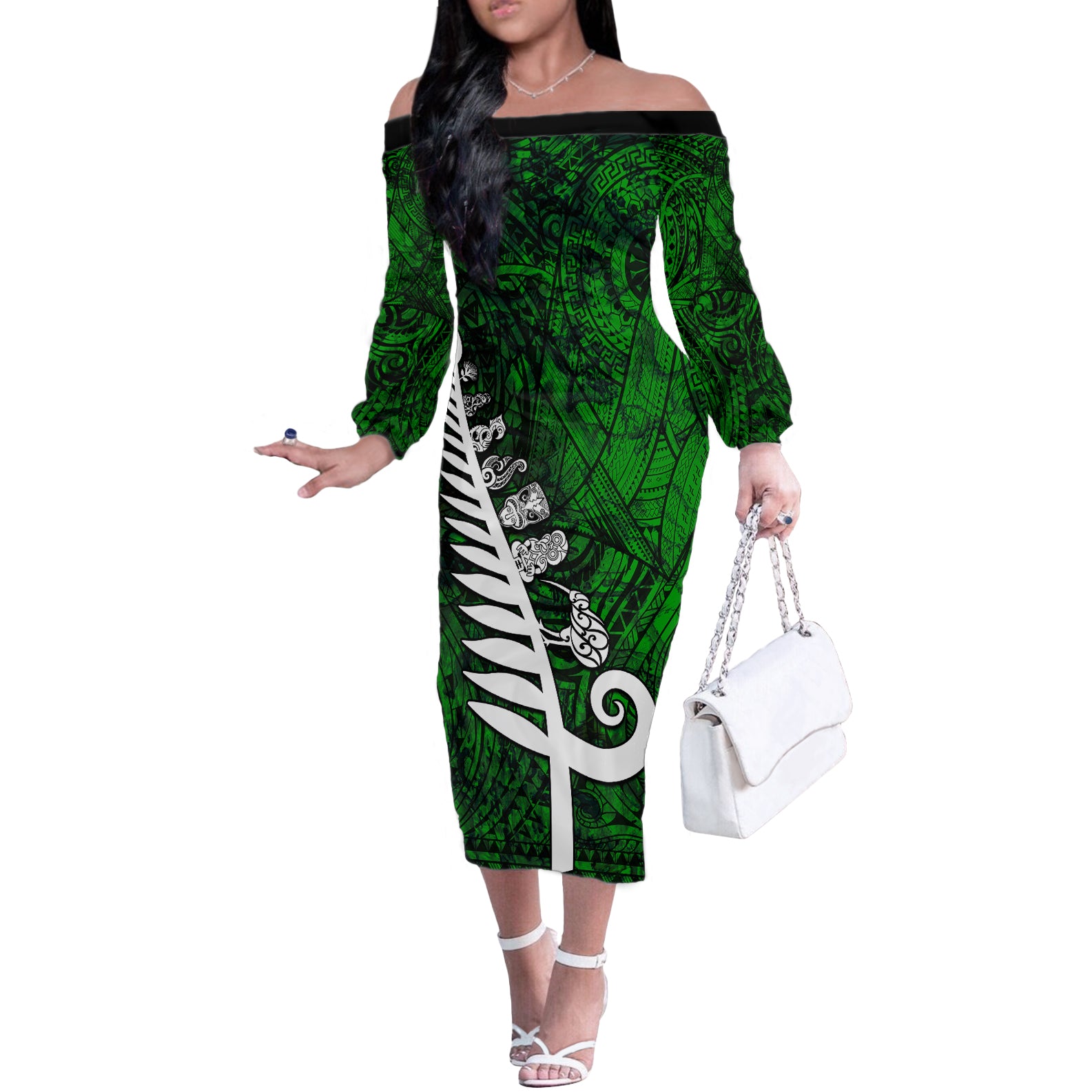 Personalized New Zealand Off The Shoulder Long Sleeve Dress Silver Fern and Maori Symbols Papua Shell Green Style LT03 Women Green - Polynesian Pride