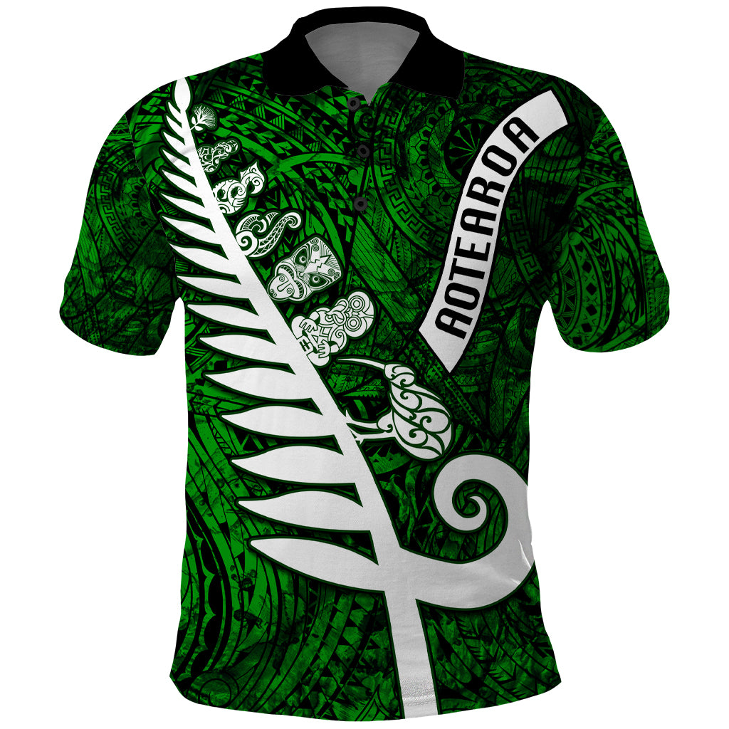 Personalized New Zealand Polo Shirt Silver Fern and Maori Symbols Papua Shell Green Style LT03 Green - Polynesian Pride