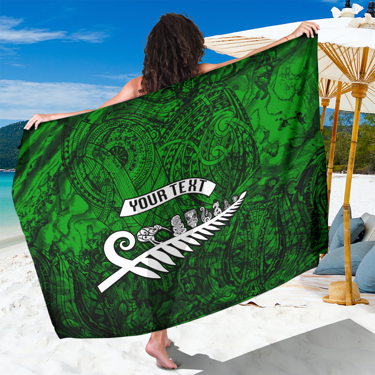 Personalized New Zealand Sarong Silver Fern and Maori Symbols Papua Shell Green Style LT03 One Size 44 x 66 inches Green - Polynesian Pride