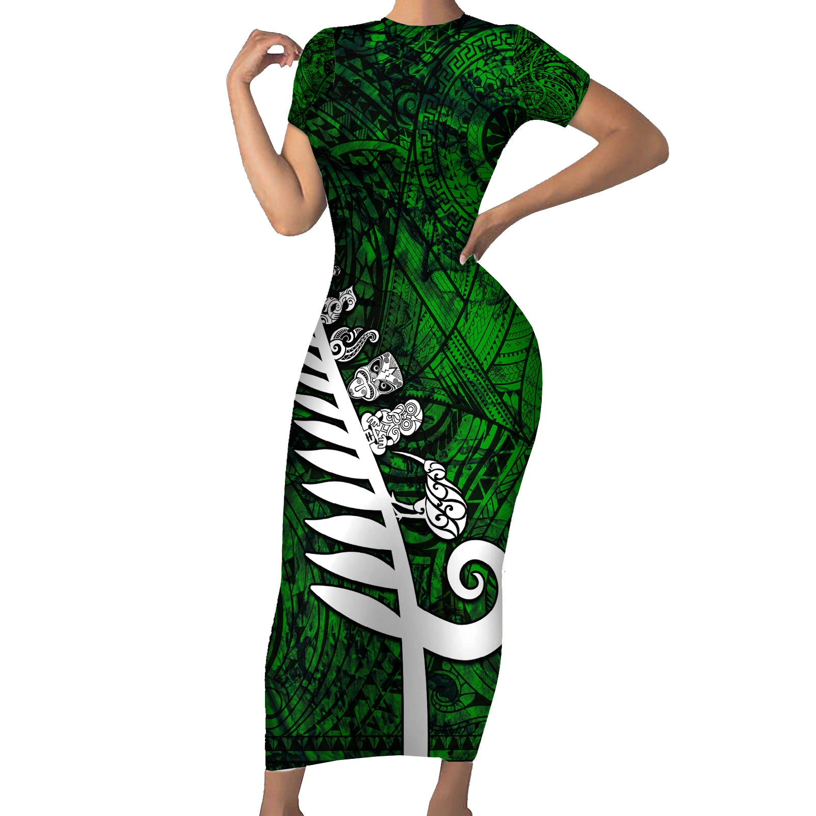 Personalized New Zealand Short Sleeve Bodycon Dress Silver Fern and Maori Symbols Papua Shell Green Style LT03 Long Dress Green - Polynesian Pride