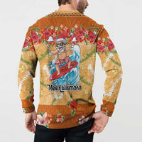 Hawaii Mele Kalikimaka Button Sweatshirt Funny Santa Claus Surfing on Tropical Plants LT03 - Polynesian Pride