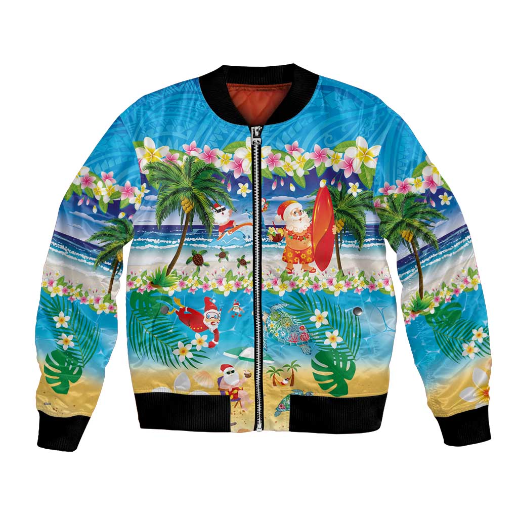 Polynesian Merry Christmas Bomber Jacket Funny Santa Beach Tropical Plant and Turtle LT03 Unisex Multicolor - Polynesian Pride