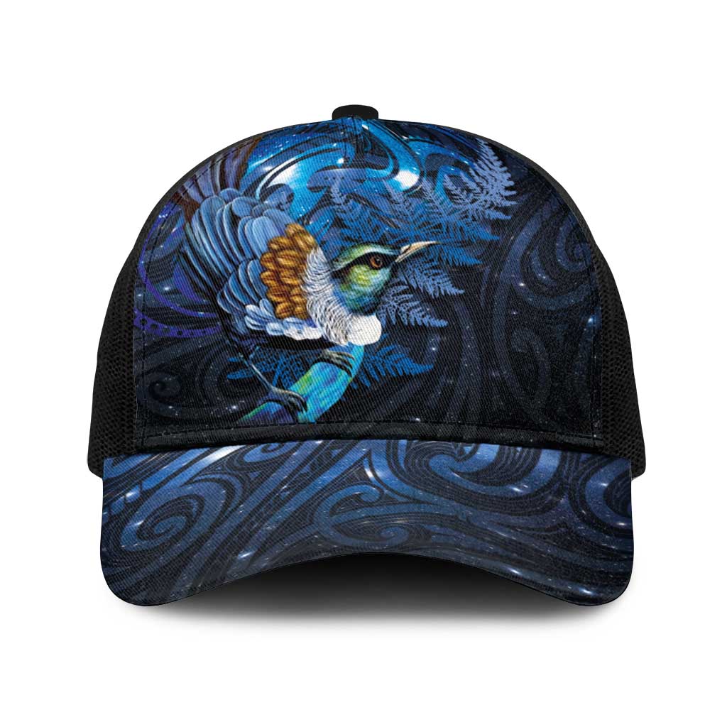 Aotearoa Matariki Baseball Net Cap Maori Tribal with Silver Fern and Tui Bird Galaxy Style LT03 One Size Black Navy - Polynesian Pride