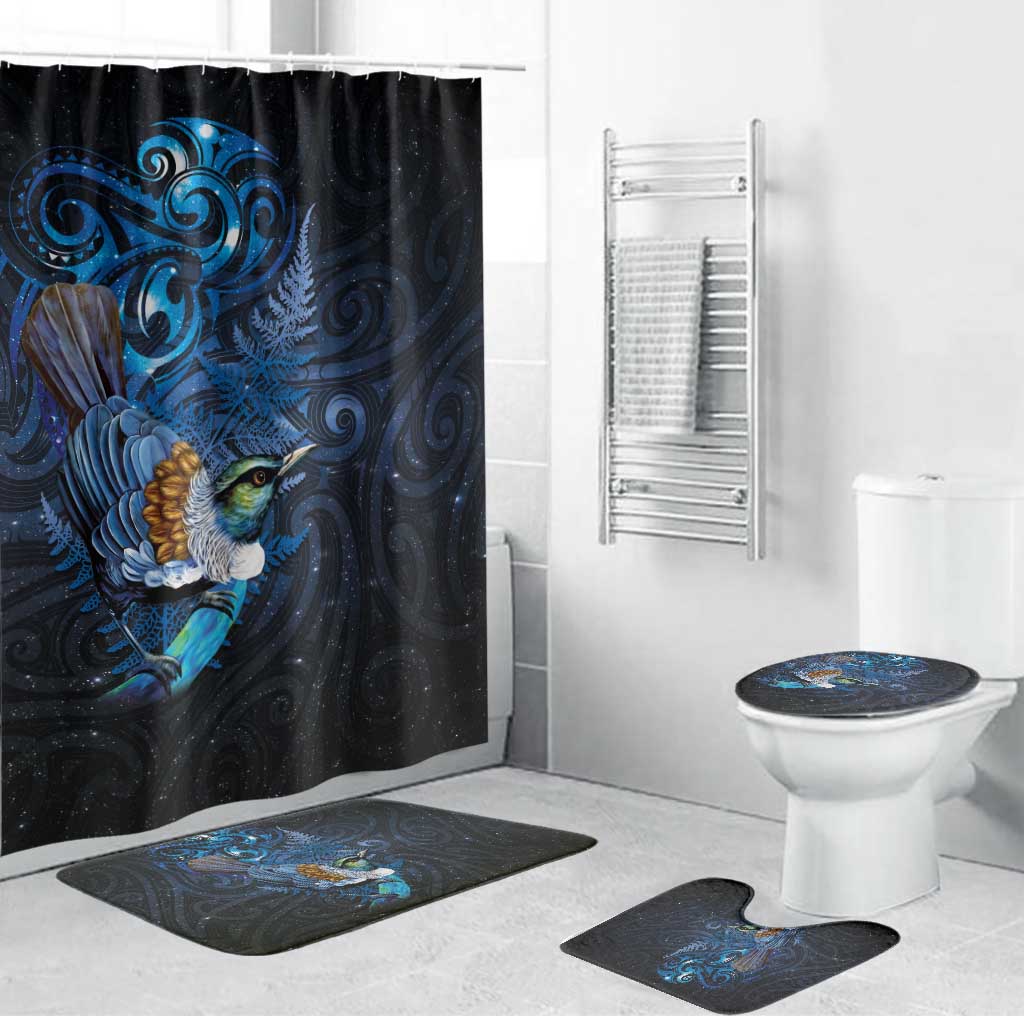 Aotearoa Matariki Bathroom Set Maori Tribal with Silver Fern and Tui Bird Galaxy Style LT03 Bathroom Set (4 pcs) Navy - Polynesian Pride