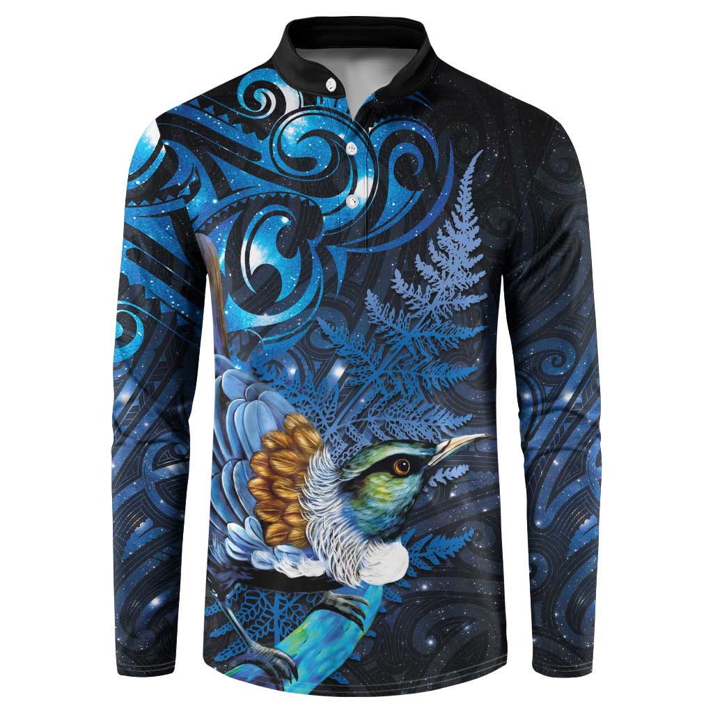 Aotearoa Matariki Button Sweatshirt Maori Tribal with Silver Fern and Tui Bird Galaxy Style LT03 Navy - Polynesian Pride