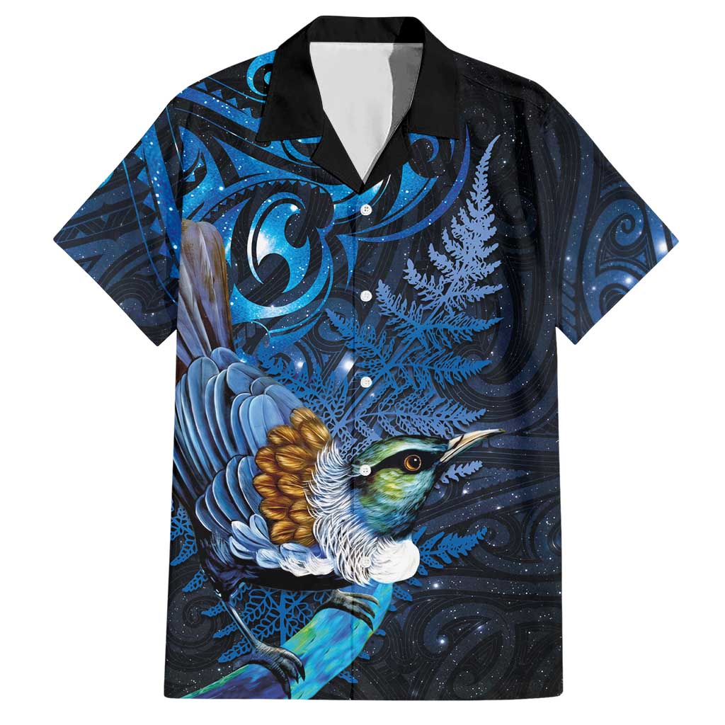 Aotearoa Matariki Hawaiian Shirt Maori Tribal with Silver Fern and Tui Bird Galaxy Style LT03 Navy - Polynesian Pride