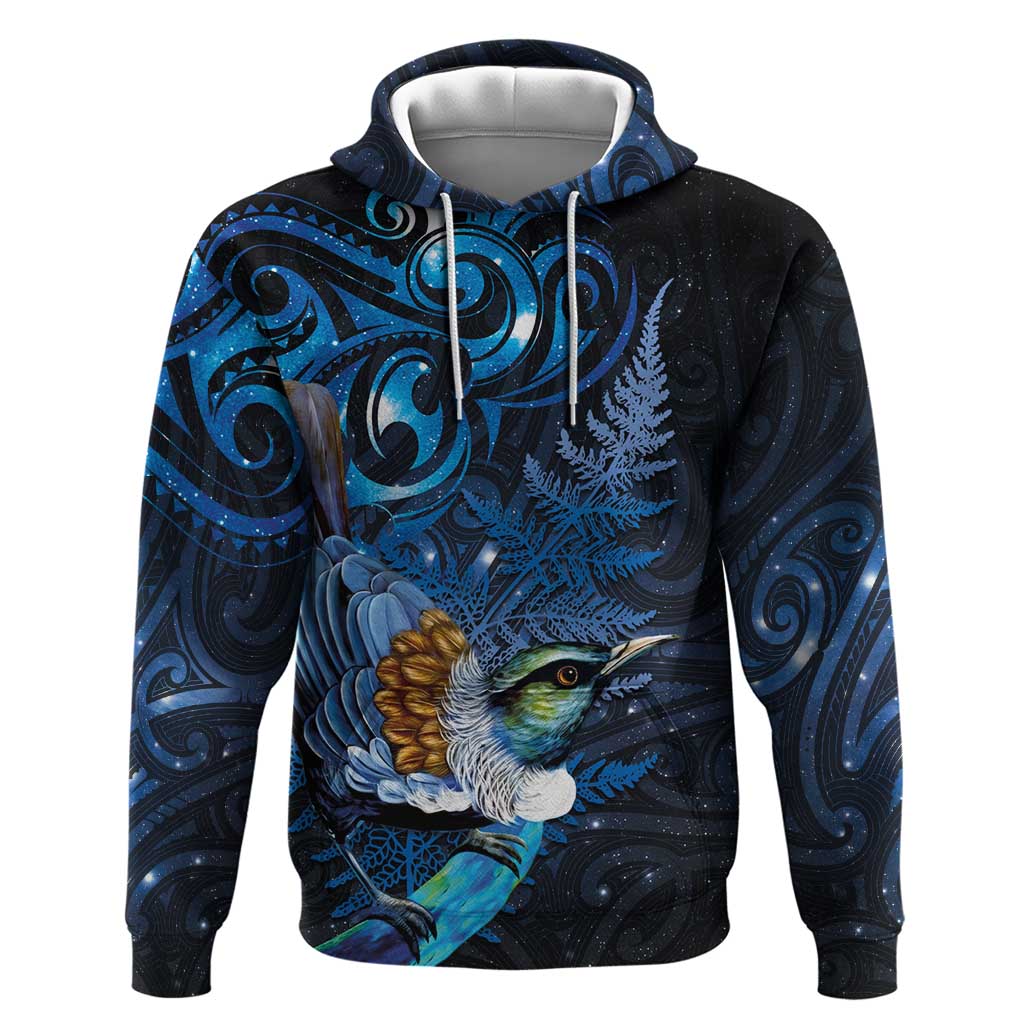 Aotearoa Matariki Hoodie Maori Tribal with Silver Fern and Tui Bird Galaxy Style LT03 Pullover Hoodie Navy - Polynesian Pride