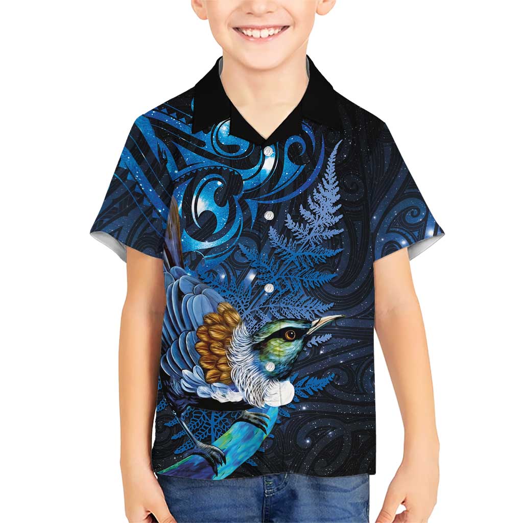 Aotearoa Matariki Kid Hawaiian Shirt Maori Tribal with Silver Fern and Tui Bird Galaxy Style LT03 Kid Navy - Polynesian Pride