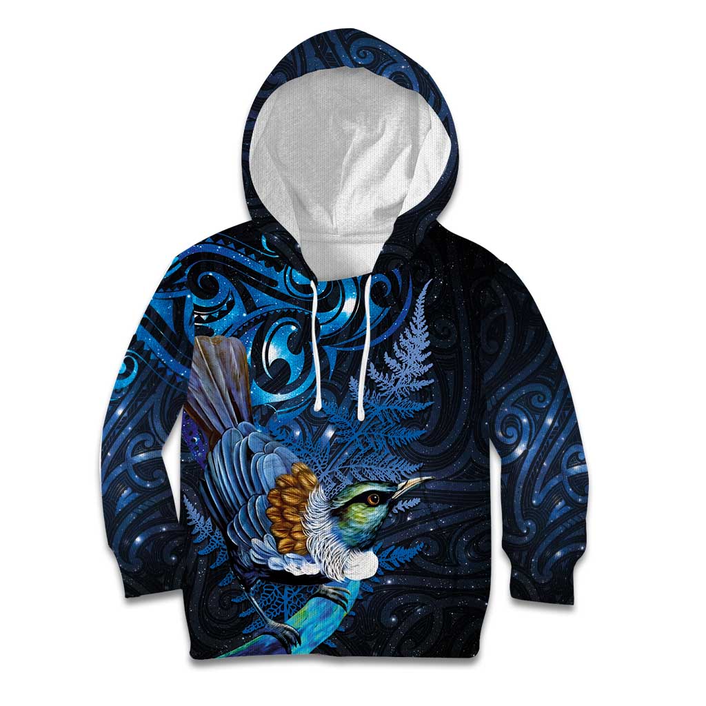 Aotearoa Matariki Kid Hoodie Maori Tribal with Silver Fern and Tui Bird Galaxy Style LT03 Hoodie Navy - Polynesian Pride