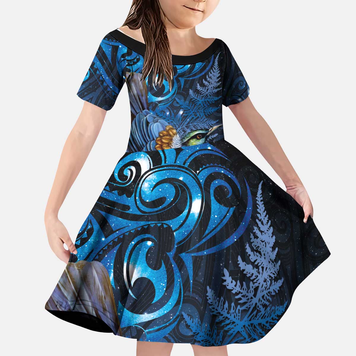 Aotearoa Matariki Kid Short Sleeve Dress Maori Tribal with Silver Fern and Tui Bird Galaxy Style LT03 KID Navy - Polynesian Pride