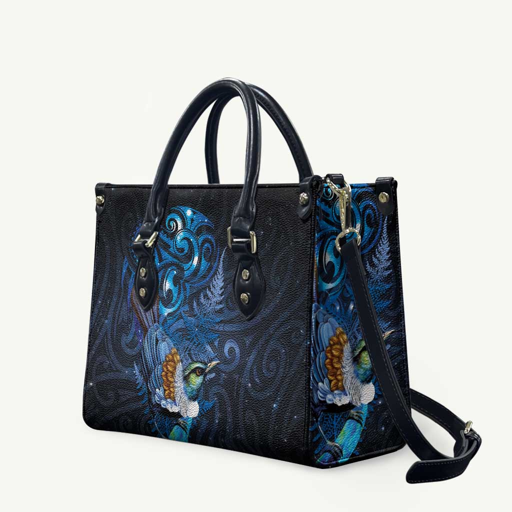 Aotearoa Matariki Leather Bag Maori Tribal with Silver Fern and Tui Bird Galaxy Style LT03 Navy - Polynesian Pride